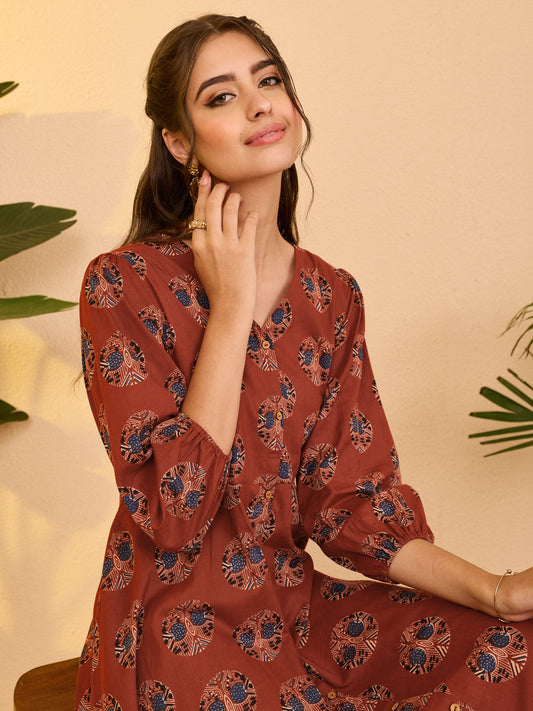 Janasya Women's Red Pure Cotton Ethnic Motifs Printed A-line Dress