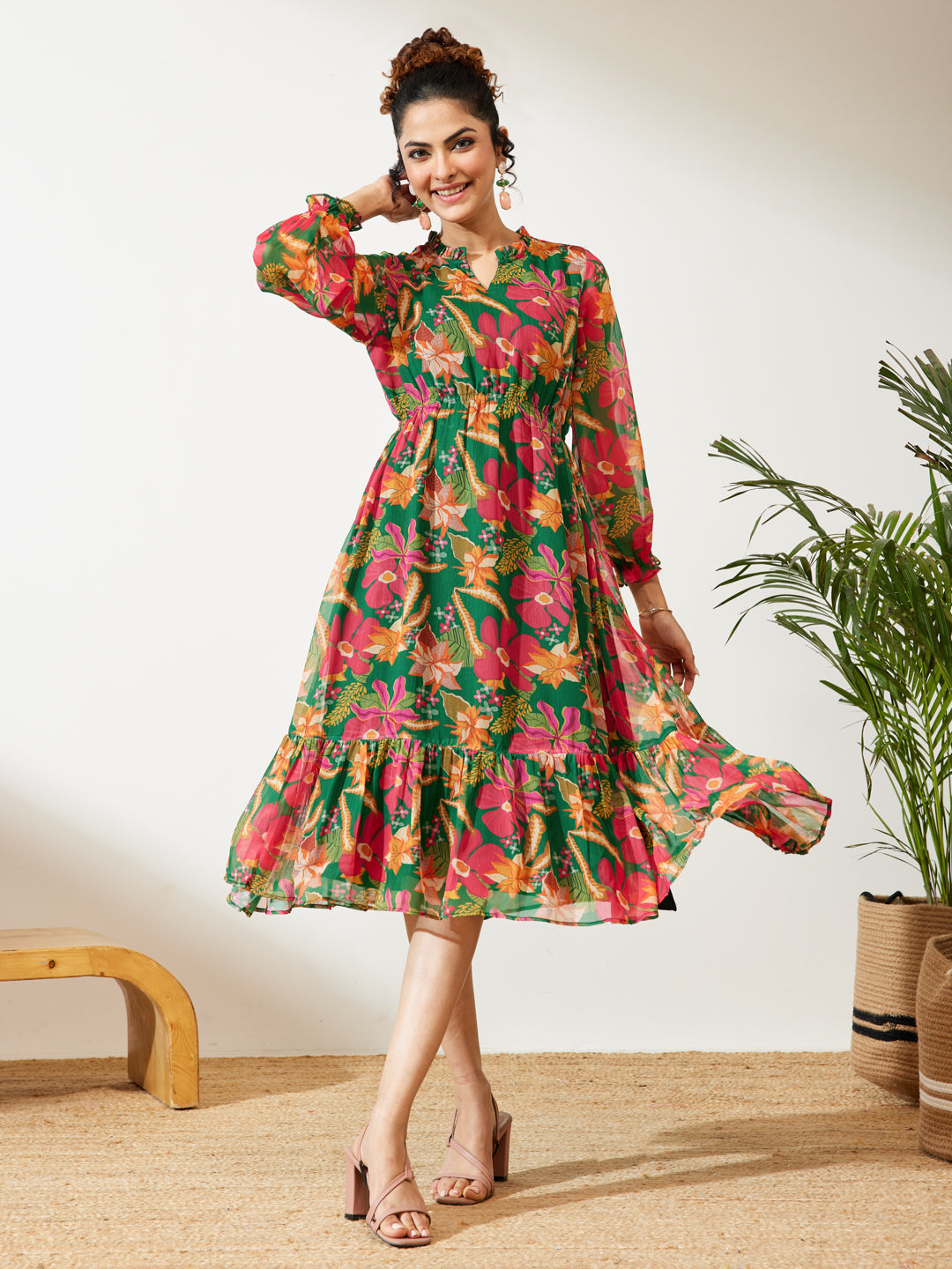 Janasya Women's Green Chiffon Floral Printed Fit & Flare Dress