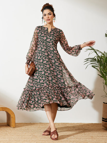 Janasya Women's Green Chiffon Floral Printed A-line Dress