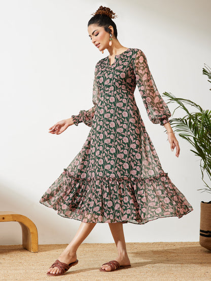 Janasya Women's Green Chiffon Floral Printed A-line Dress