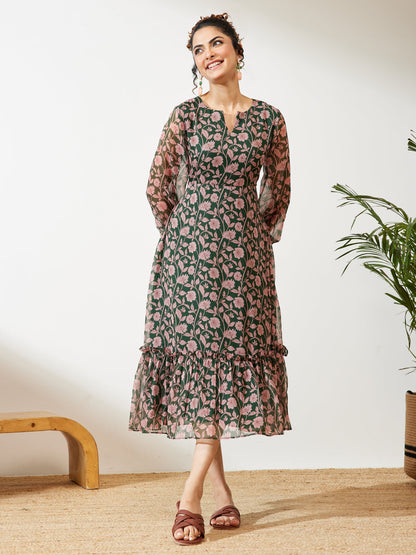 Janasya Women's Green Chiffon Floral Printed A-line Dress
