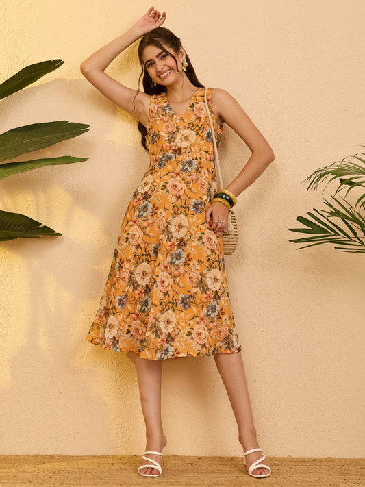 Janasya Women's Yellow Georgette Floral Printed Fit & Flare Dress