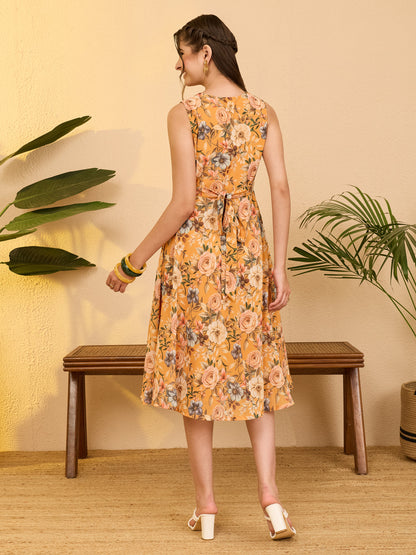 Janasya Women's Yellow Georgette Floral Printed Fit & Flare Dress