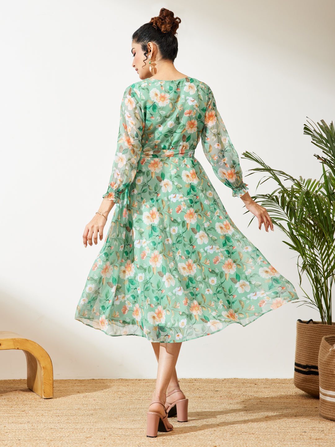 Janasya Women's Mint Green Chiffon Floral Printed Fit & Flare Dress