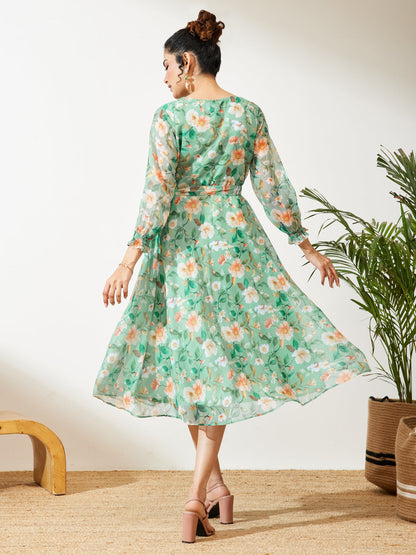 Janasya Women's Mint Green Chiffon Floral Printed Fit & Flare Dress