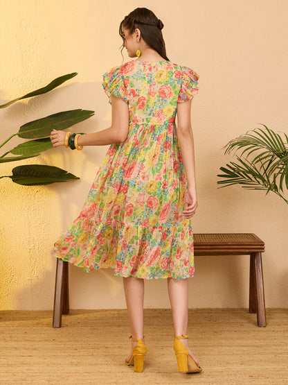 Janasya Women's Multi Color Chiffon Floral Printed Fit & Flare Dress
