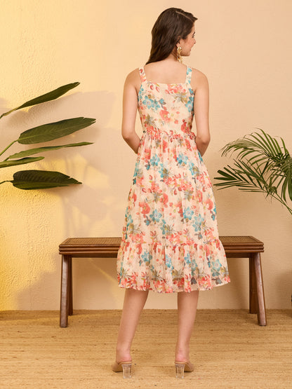 Janasya Women's Beige Chiffon Floral Printed Gathered Dress