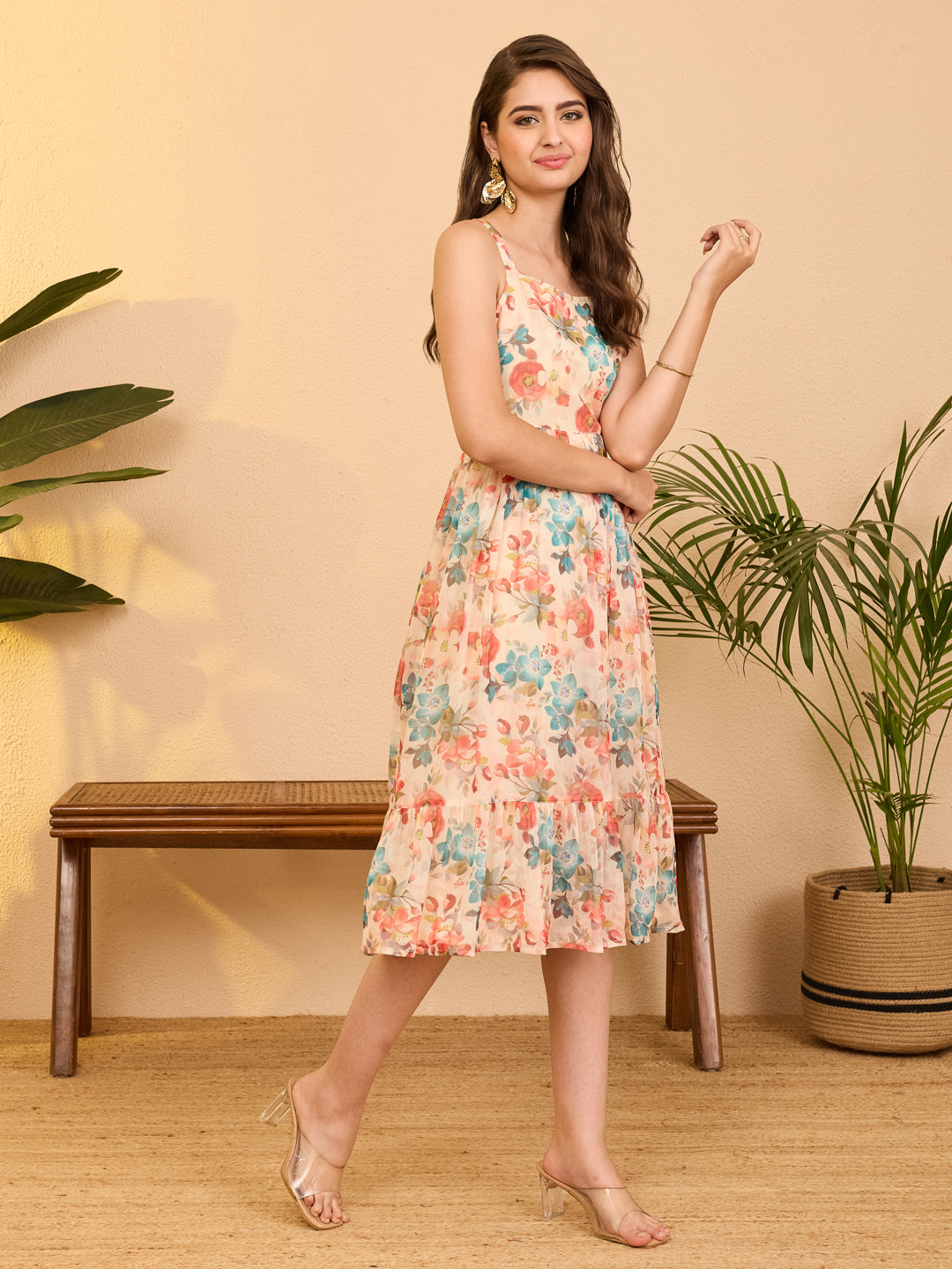Janasya Women's Beige Chiffon Floral Printed Gathered Dress