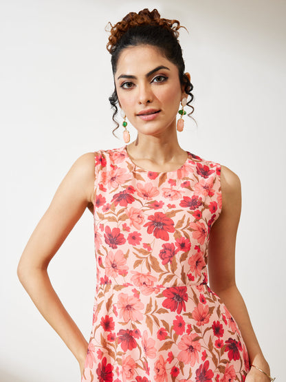 Janasya Women's Peach Georgette Floral Printed Flared Dress