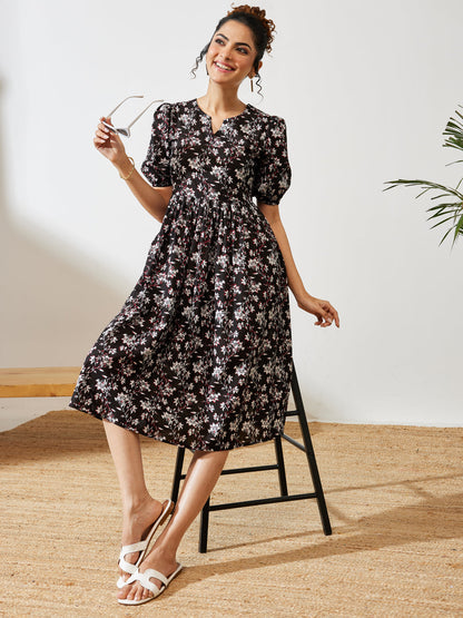 Janasya Women's Black Pure Cotton Floral Printed Gathered Dress