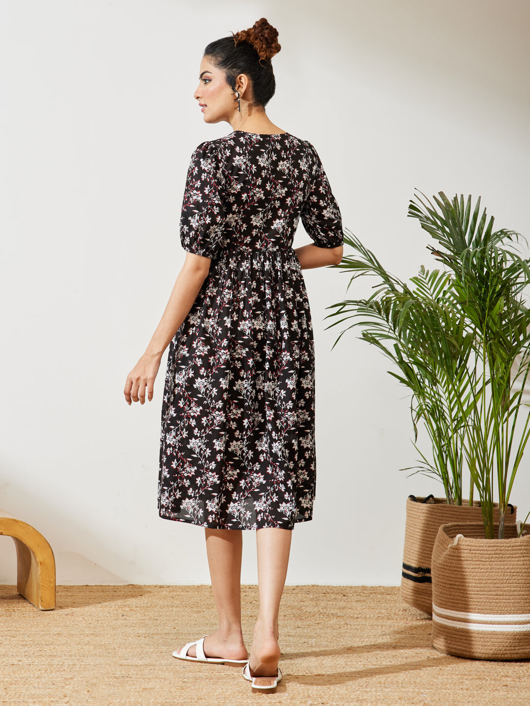 Janasya Women's Black Pure Cotton Floral Printed Gathered Dress