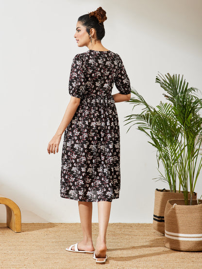 Janasya Women's Black Pure Cotton Floral Printed Gathered Dress