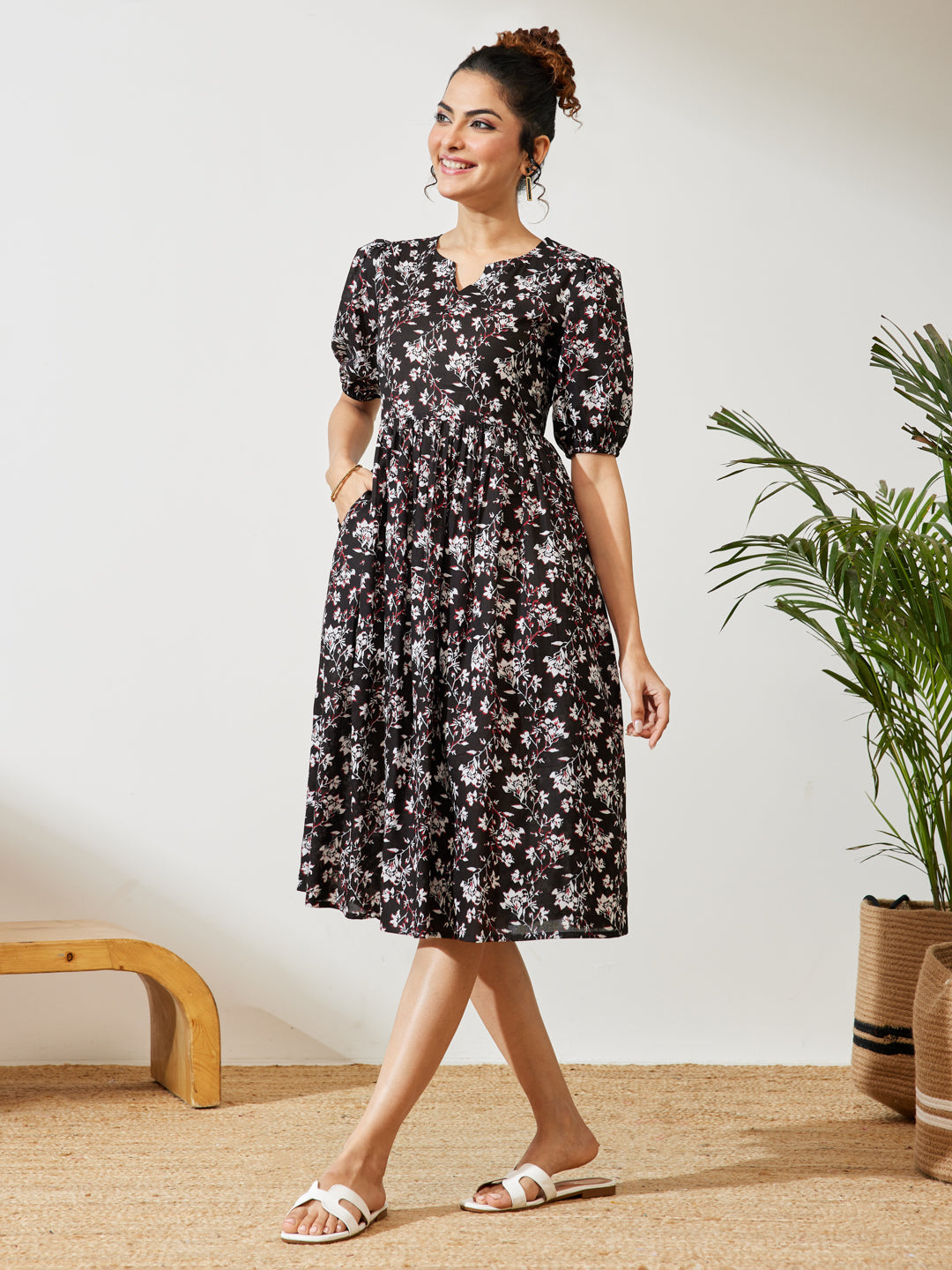 Janasya Women's Black Pure Cotton Floral Printed Gathered Dress