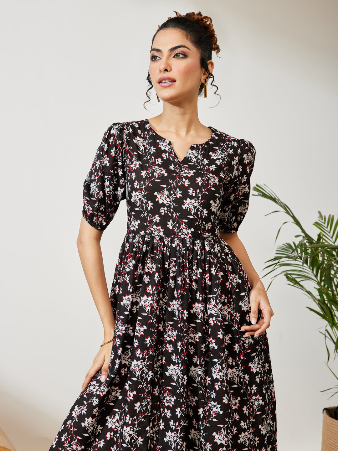 Janasya Women's Black Pure Cotton Floral Printed Gathered Dress