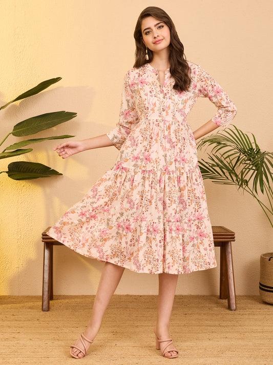 Janasya Women's Baby Pink Pure Cotton Floral Printed Tiered Dress