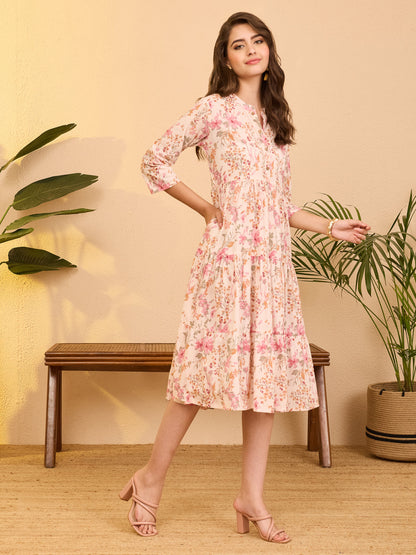Janasya Women's Baby Pink Pure Cotton Floral Printed Tiered Dress