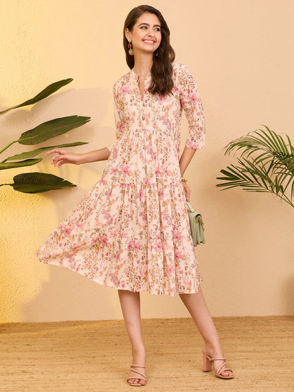 Janasya Women's Baby Pink Pure Cotton Floral Printed Tiered Dress