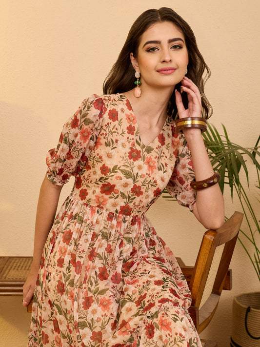 Janasya Women's Beige Chiffon Floral Printed Gathered Dress