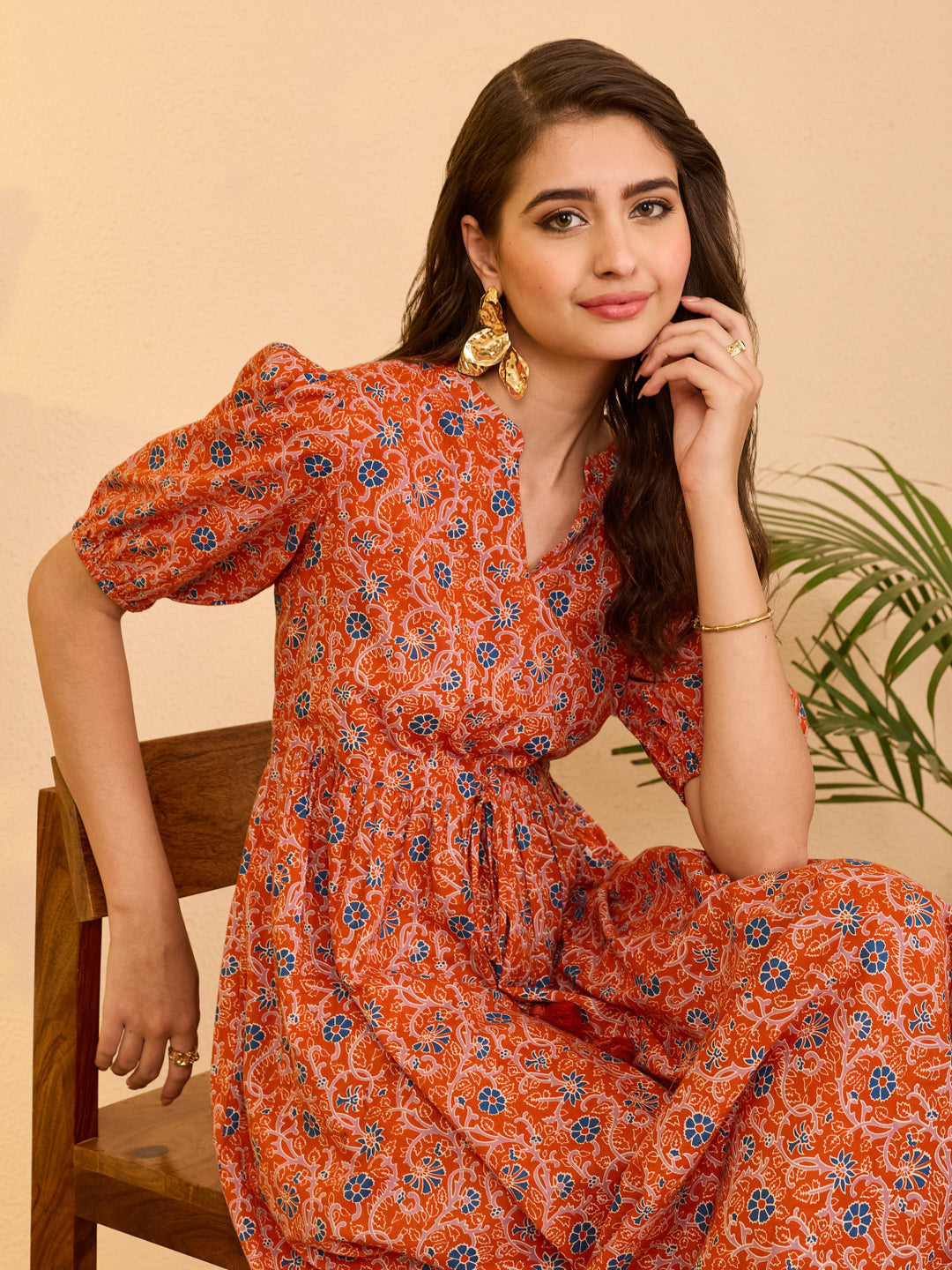 Janasya Women's Orange Pure Cotton Floral Printed Fit & Flare Dress