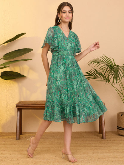 Janasya Women's Aqua Green Georgette Paisley Printed Flared Dress