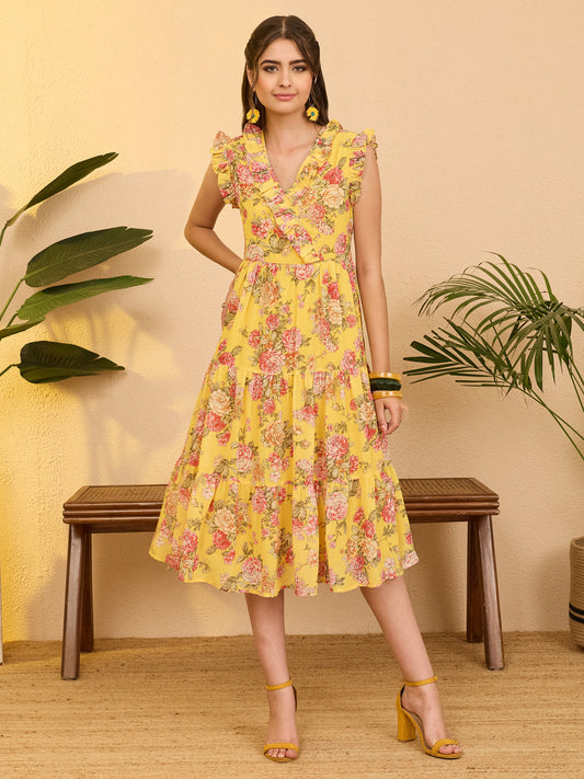 Janasya Women's Yellow Georgette Floral Printed Tiered Dress