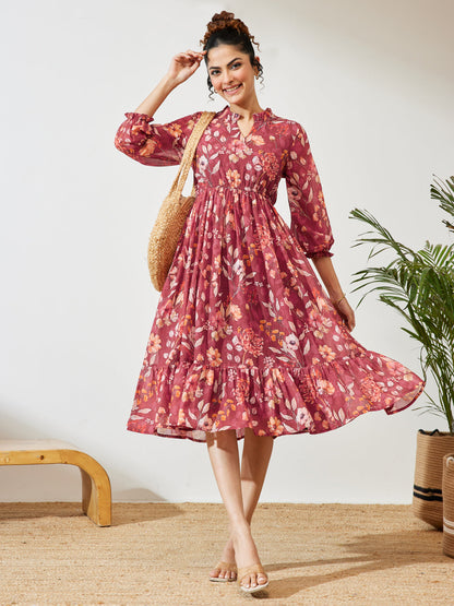 Janasya Women's Maroon Georgette Floral Printed Fit & Flare Dress