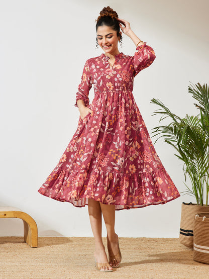 Janasya Women's Maroon Georgette Floral Printed Fit & Flare Dress