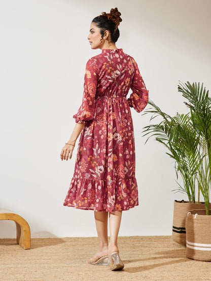 Janasya Women's Maroon Georgette Floral Printed Fit & Flare Dress
