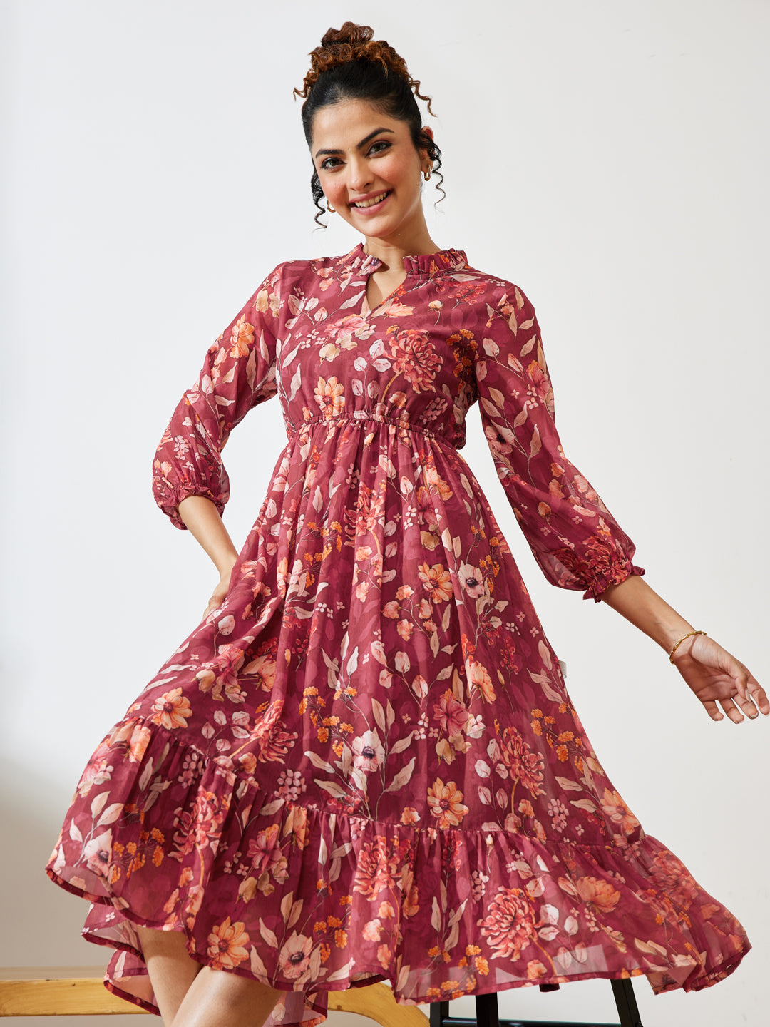 Janasya Women's Maroon Georgette Floral Printed Fit & Flare Dress