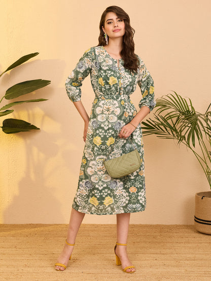 Janasya Women's Sage Green Pure Cotton Floral Printed Fit & Flare Dress