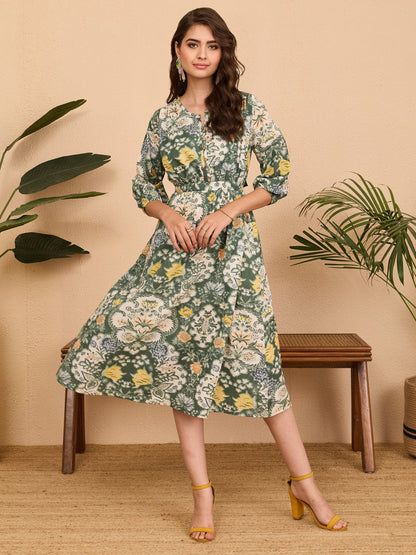 Janasya Women's Sage Green Pure Cotton Floral Printed Fit & Flare Dress