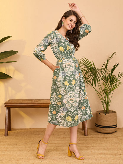 Janasya Women's Sage Green Pure Cotton Floral Printed Fit & Flare Dress