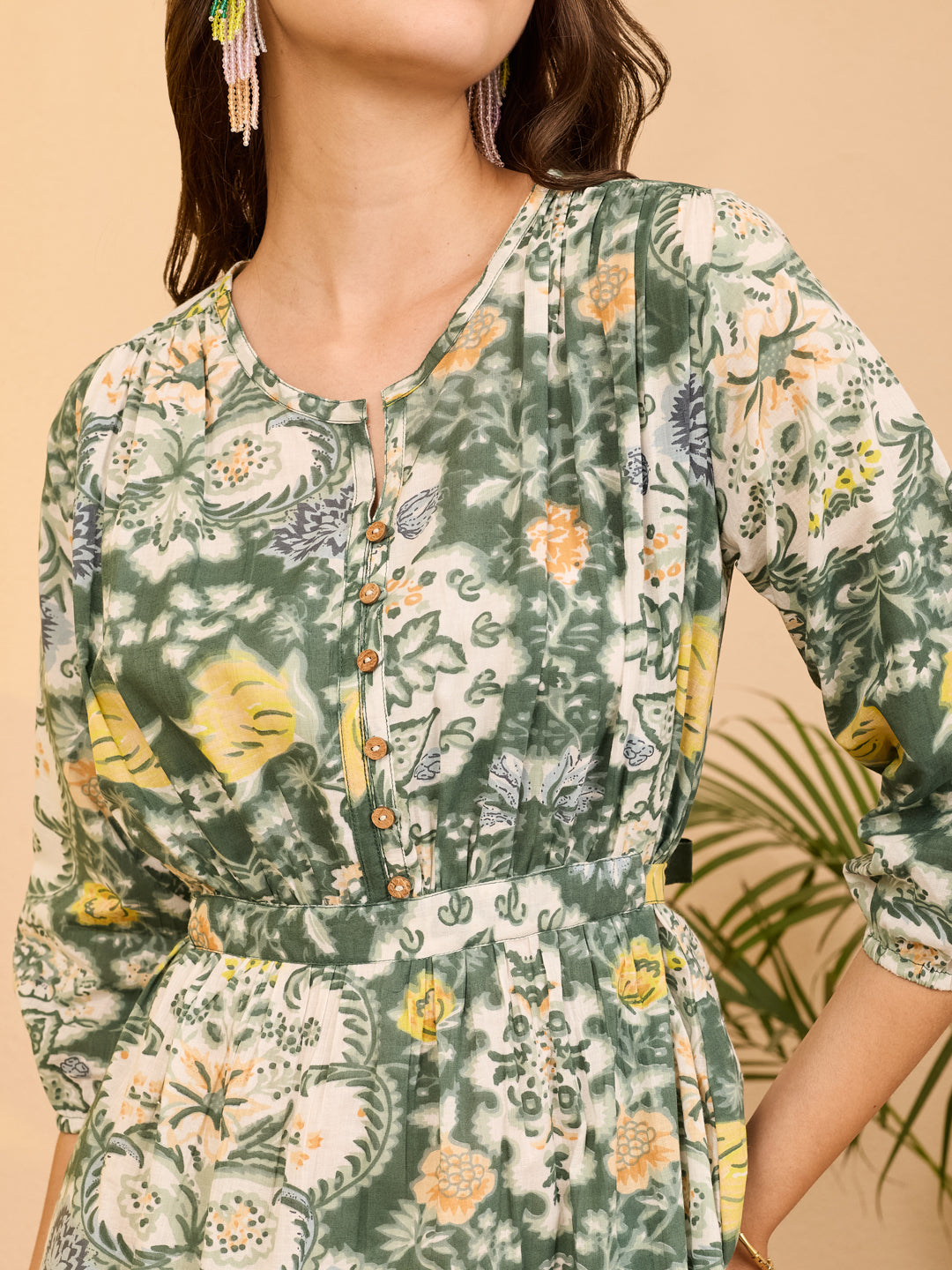 Janasya Women's Sage Green Pure Cotton Floral Printed Fit & Flare Dress