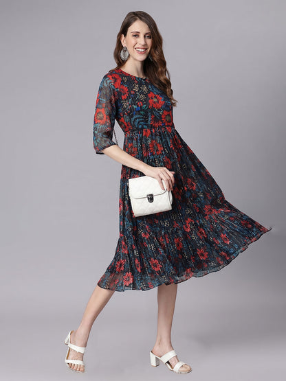Janasya Women's Black Lurex Chiffon Floral Printed Fit & Flare Dress