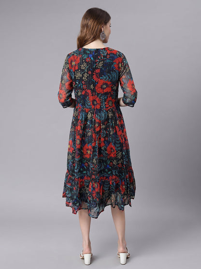 Janasya Women's Black Lurex Chiffon Floral Printed Fit & Flare Dress