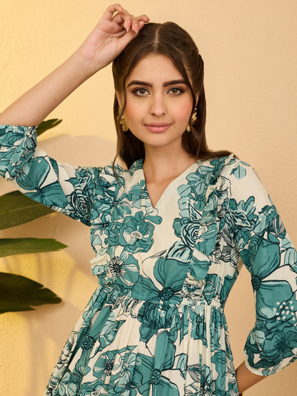 Janasya Women's Off White Pure Cotton Floral Printed Fit & Flare Dress