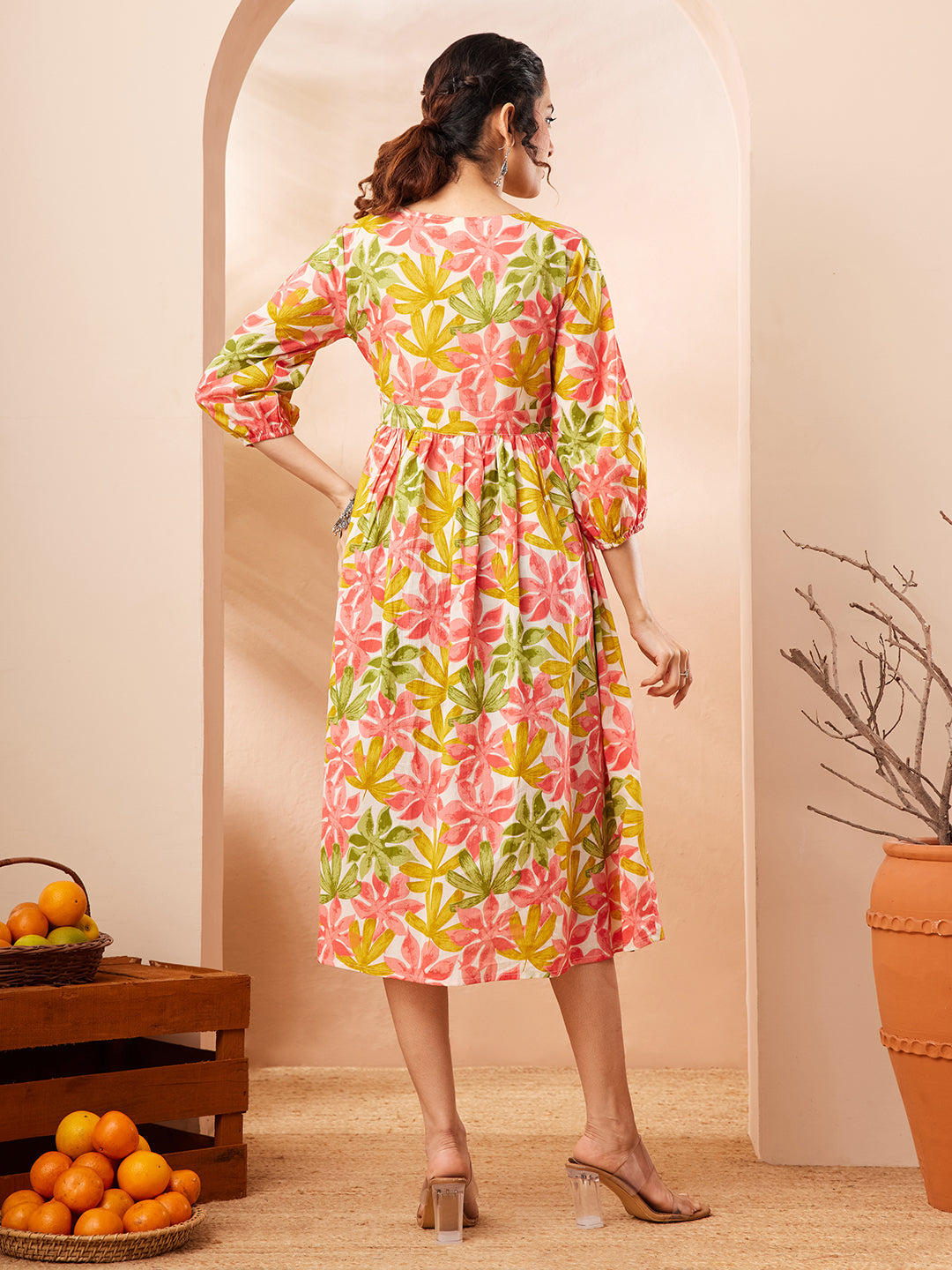 Janasya Women's Multi Color Pure Cotton Floral Printed Gathered Dress