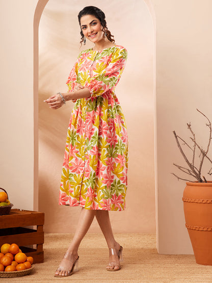 Janasya Women's Multi Color Pure Cotton Floral Printed Gathered Dress