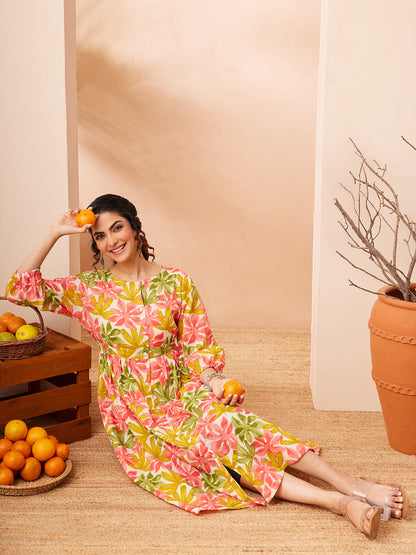 Janasya Women's Multi Color Pure Cotton Floral Printed Gathered Dress