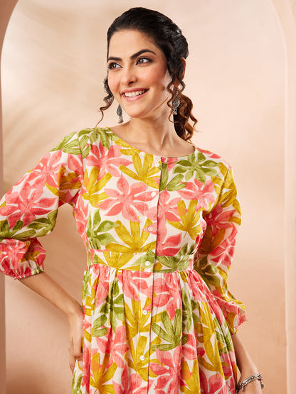 Janasya Women's Multi Color Pure Cotton Floral Printed Gathered Dress