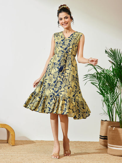 Janasya Women's Navy Blue Pure Cotton Floral Fit & Flare Dress