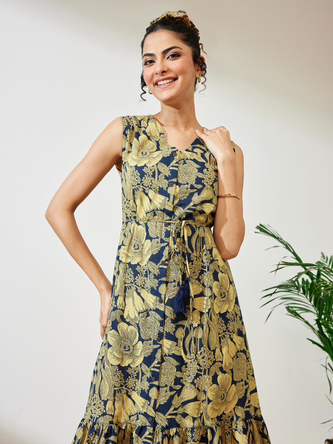 Janasya Women's Navy Blue Pure Cotton Floral Fit & Flare Dress