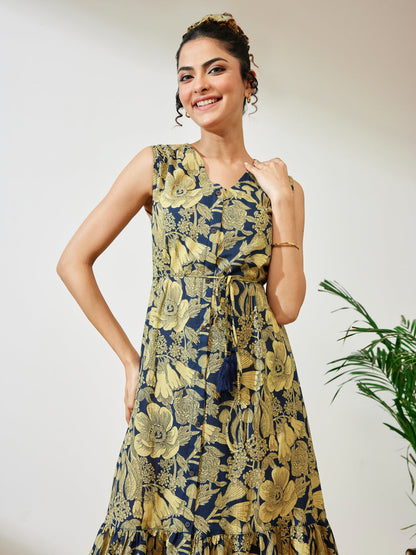Janasya Women's Navy Blue Pure Cotton Floral Fit & Flare Dress