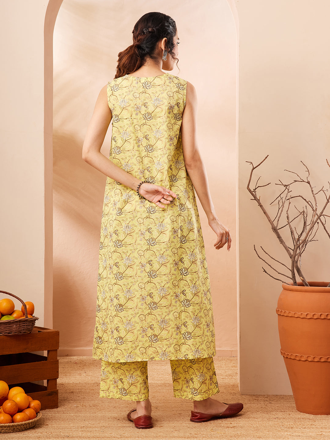 Janasya Women's Yellow Cotton Floral Printed A-line Kurta With Pant Set
