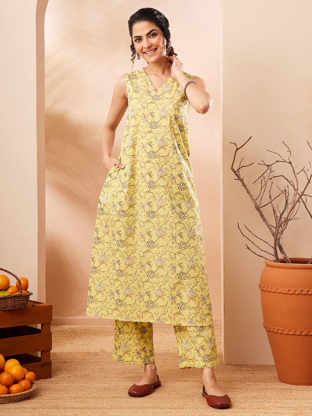 Janasya Women's Yellow Cotton Floral Printed A-line Kurta With Pant Set