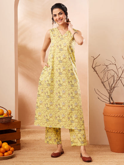 Janasya Women's Yellow Cotton Floral Printed A-line Kurta With Pant Set