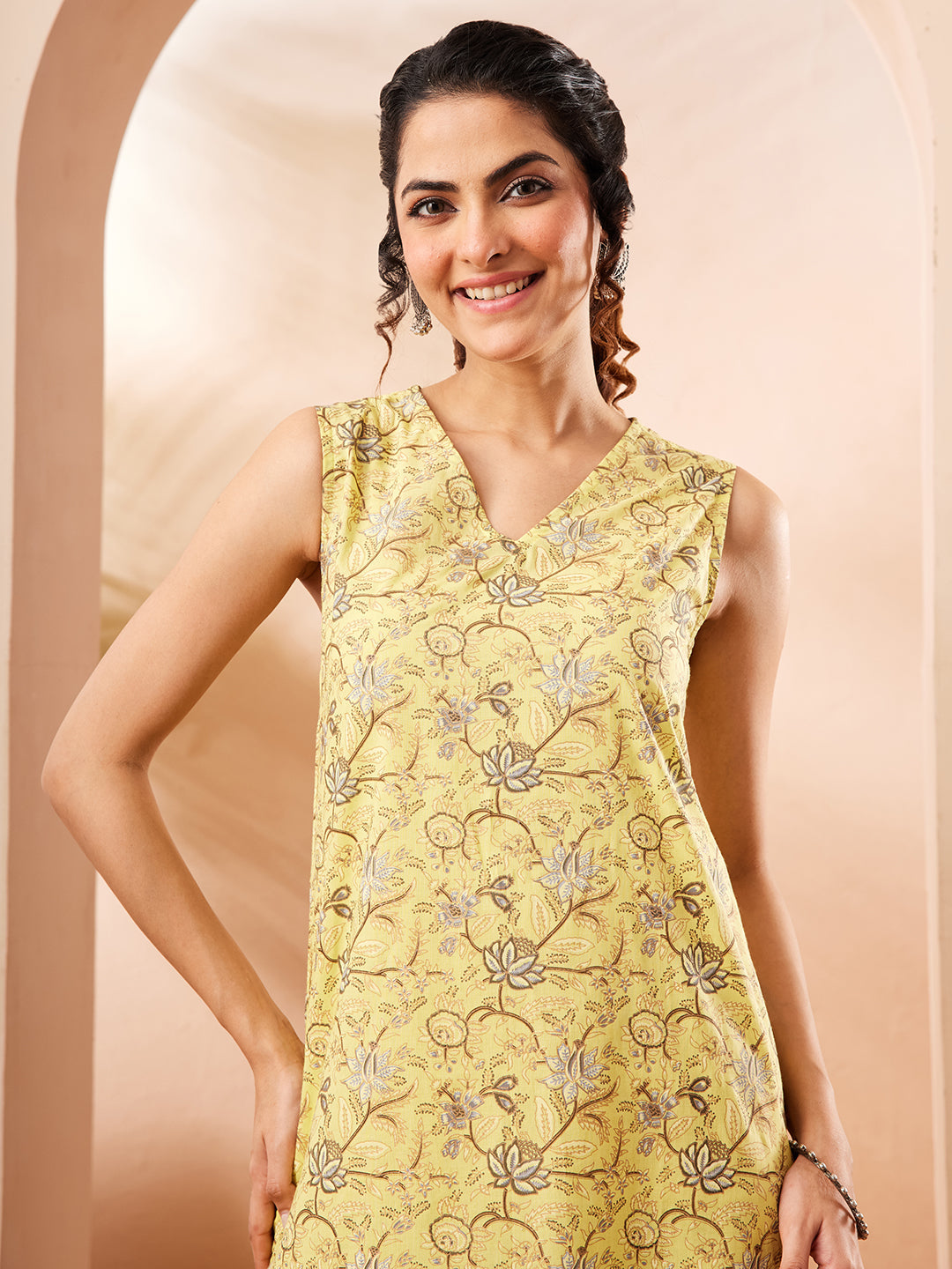 Janasya Women's Yellow Cotton Floral Printed A-line Kurta With Pant Set