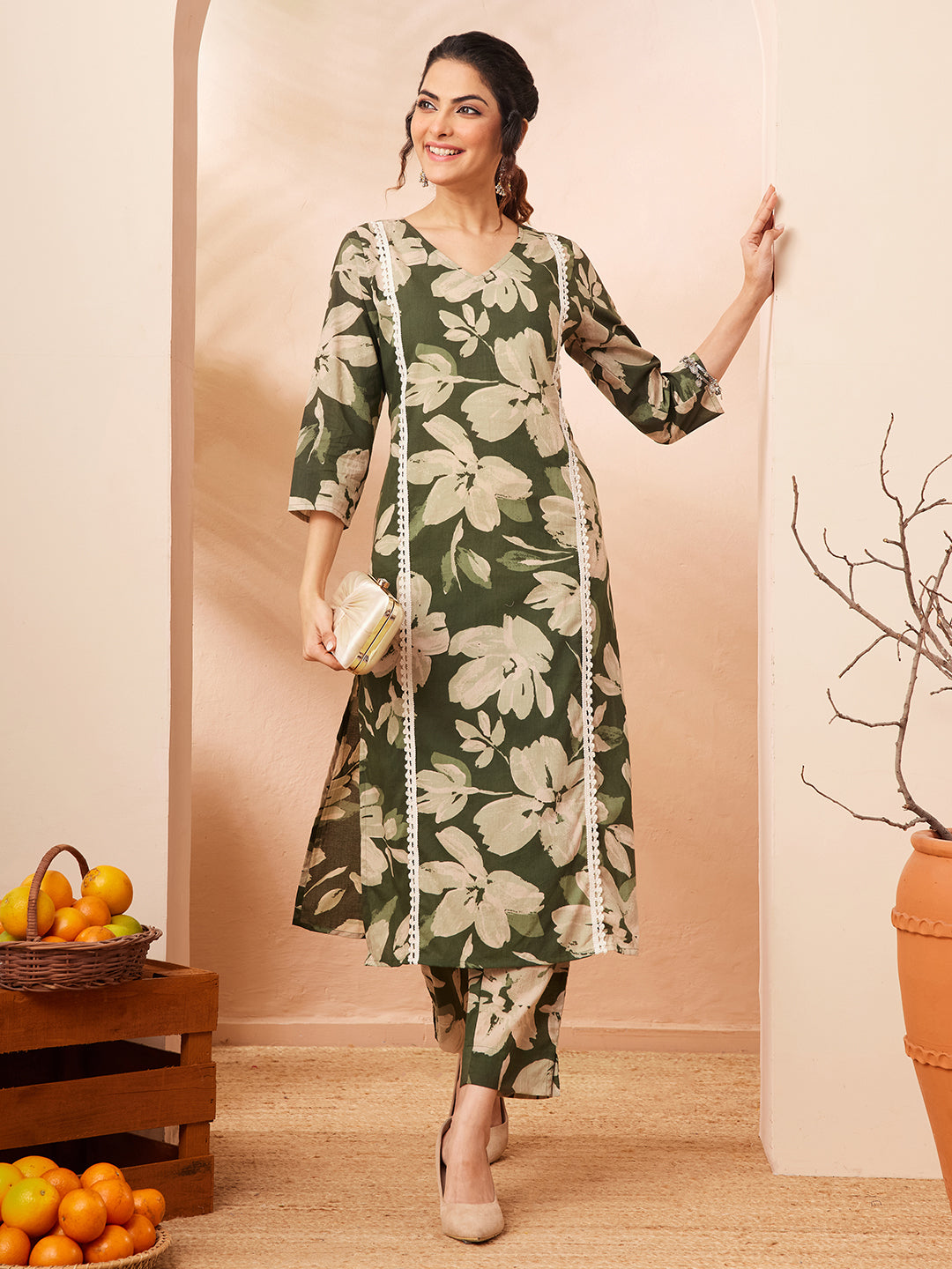 Janasya Women's Olive Pure Cotton Floral Printed Straight Kurta Pant Set