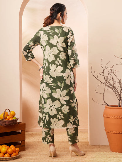 Janasya Women's Olive Pure Cotton Floral Printed Straight Kurta Pant Set