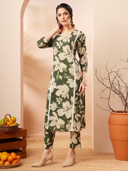 Janasya Women's Olive Pure Cotton Floral Printed Straight Kurta Pant Set